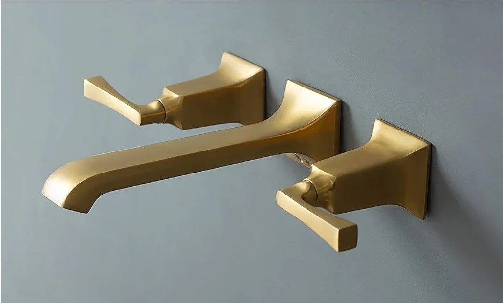 5489: Bathroom Wall Faucet, Heavy Duty, Brass Constructed Wall Mount Faucet with Metal Lever Handles, Rough in Valve Included (Brushed Gold)
