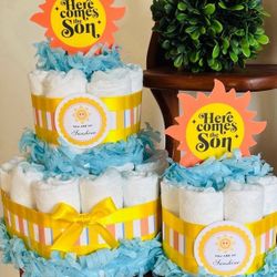 HERE COMES THE SON Sunshine baby shower diaper cakes