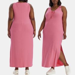 1.STATE ribbed maxi pink dress ruched front slit side women plus Size 2X