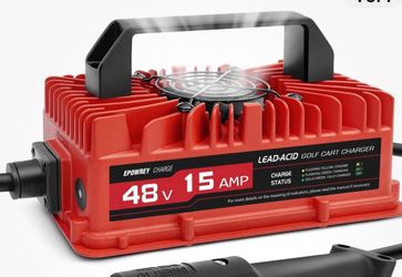 48V 15A cart battery charger with a three-pin plug.