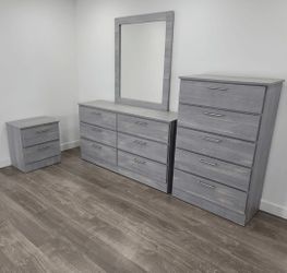 DRESSER WITH MIRROR, CHEST AND ONE NIGHTSTAND
