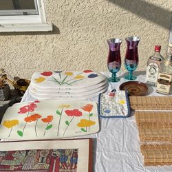 Vintage Placemats, Dish, Bottles, MGM Glasses