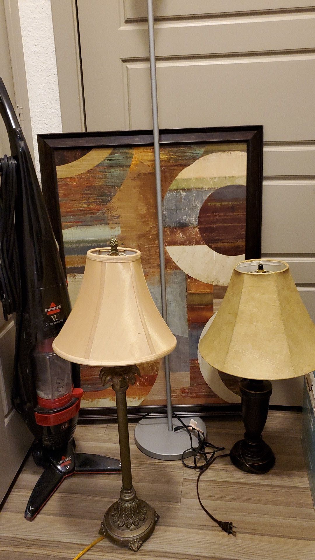 3 lamps, art frame, vacum, shelf all $10