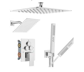 Aolemi Ceiling Shower Faucet Set System Dual Head 12&6 Inch Polish Chrome 2 in 1 Handheld Spray,Shower Valve and Trim Kit,Push Button Diverter, 12"Top