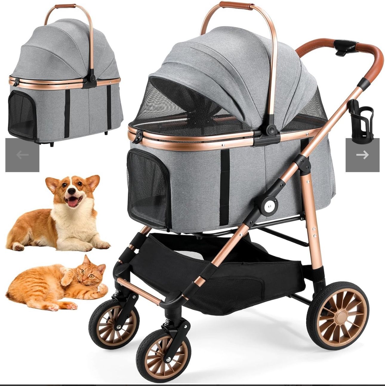 Foldable 4 Wheels Pet Stroller for Small/Medium Dogs Cats up to 55lbs, 3-in-1 Dog Stroller, Detachable Carrier and One-Click Folding Design, Travel Pu