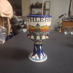 Vintage Hand-painted Bethlehem Ceramic Chalice Goblet - Holy Land Pottery 6" Tall - Excellent Condition