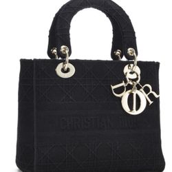 Christian Dior Black Embroidered Canvas Lady D-Lite Medium Hand Bag