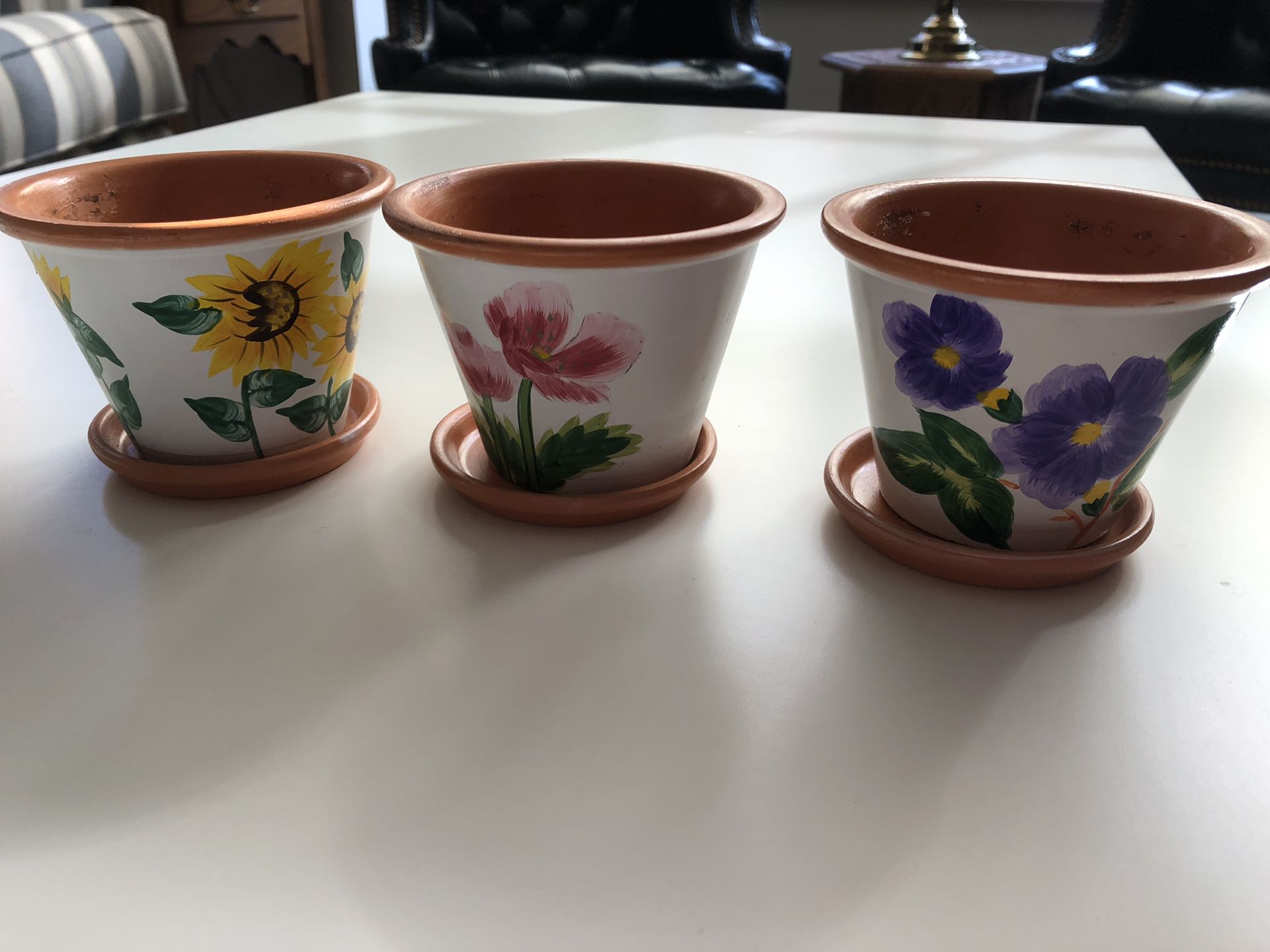 3 painted clay flower pots