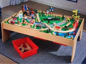 KidKraft Waterfall Mountain Wooden Train Table & 120-Piece Train Set + Storage Bins – $110
