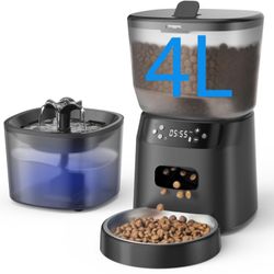 Automatic Cat Feeder And Water Fountain, 4L/16 Cups Timed Cat Dry Food Dispenser, 10s Meal Call