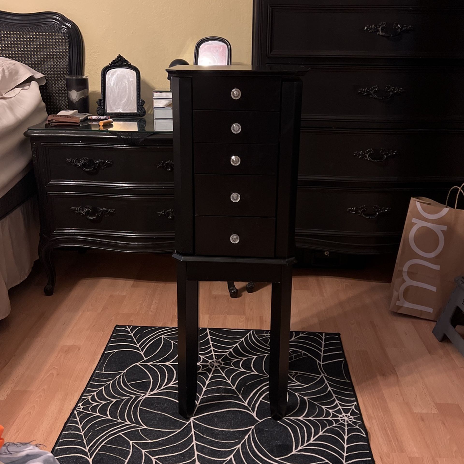 Black Jewelry Cabinet Armoire Storage Box Chest Standing Dressing Organizer Mirror