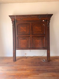 Large Ornate Wood Headboard w/ Built-In Lights – Carved & Inlaid