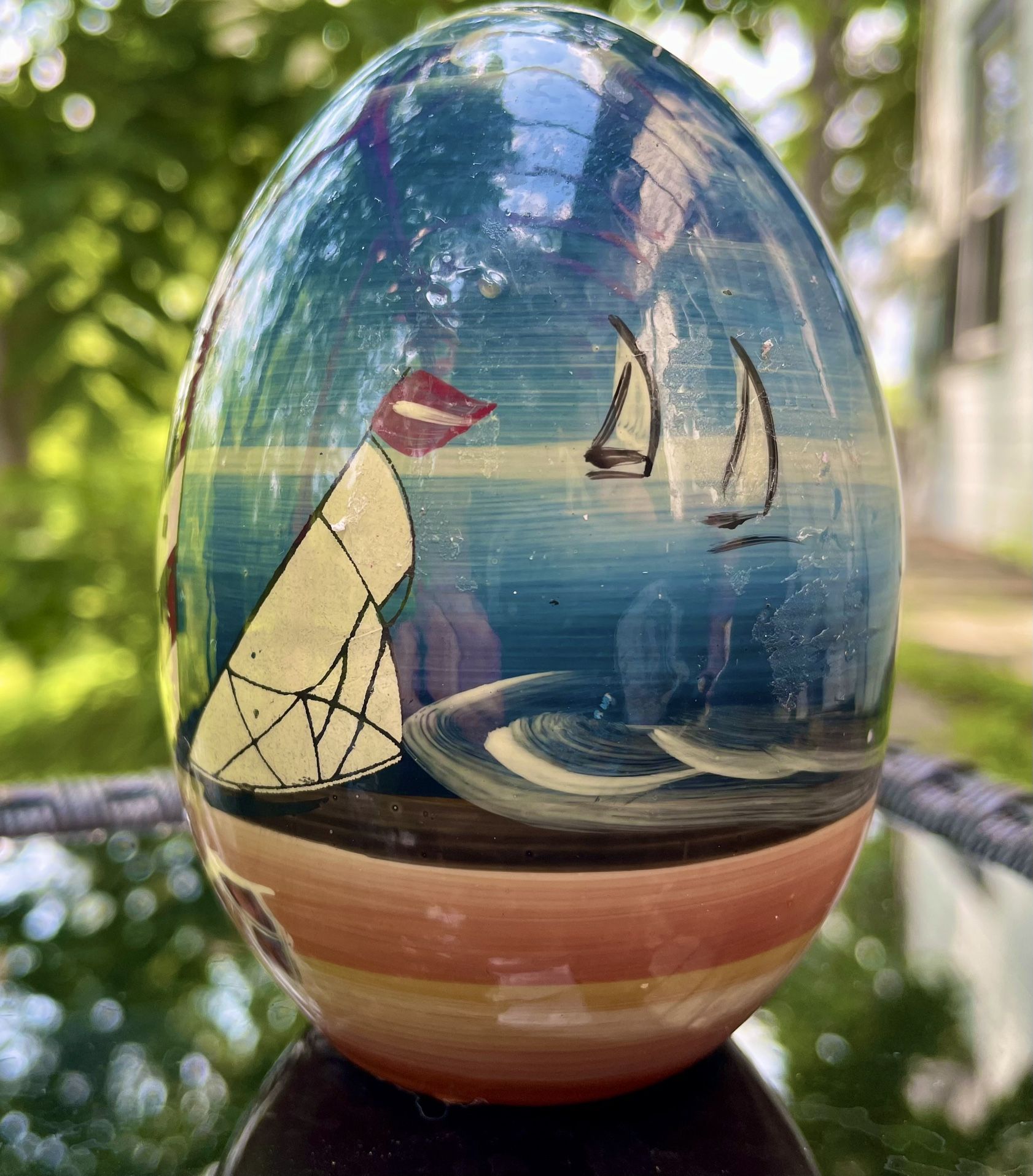 Vintage Wooden Lacquered, Egg Shape, Beach Scene With Lighthouse And Sailboat