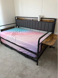 Modern Twin Daybed w/ LED Lights, Charging Station & Fold-Out Table