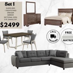 MATTRESS AND DELIVERY FREE / Brand New SET / Bedroom Set, dining Set And Sectional Sofa