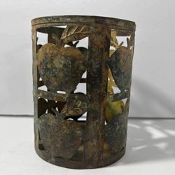 Metal Candle Holder Apple Cut Out Rustic Green Tan