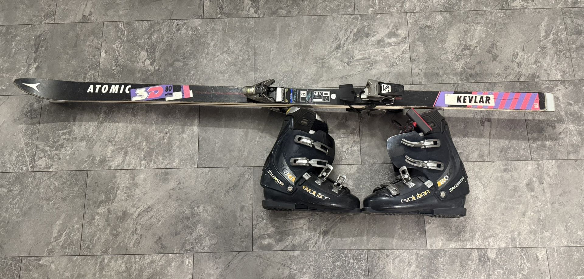 Salomon Evolution 9.0 Boots Men’s 12, Atomic 3D Skis 185, Bindings, Poles