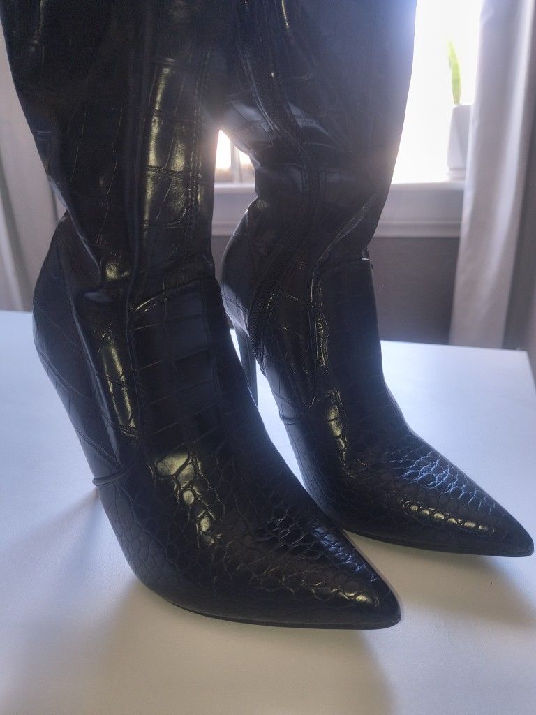 Black Faux Leather Thigh High Boots