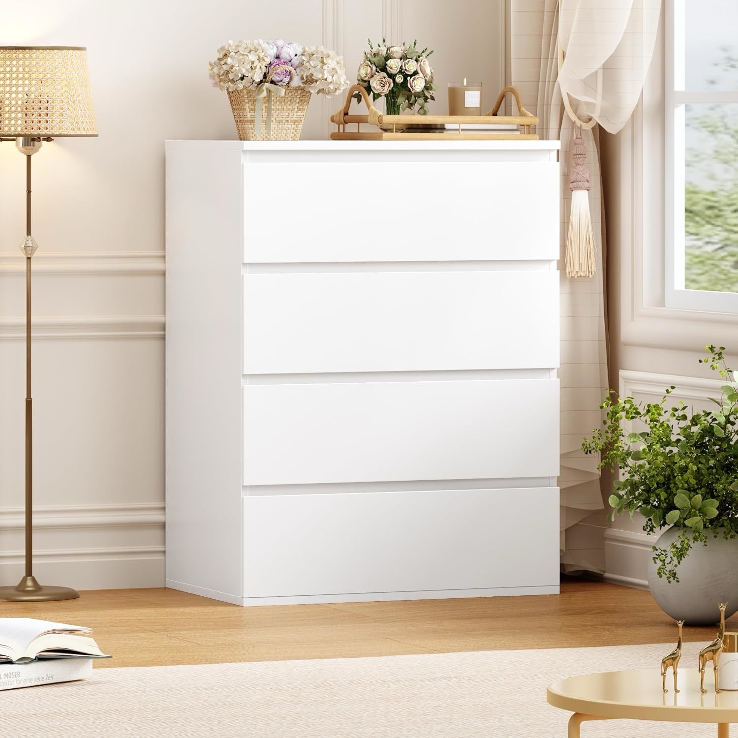 4 Drawer Dresser, White Dresser Modern Storage Chest of Drawers 23.6L x 15.7W x 31.5H in, White Storage Cabinet with 4 Drawers for Home Offi