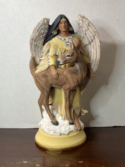 Ceramic Native American Angel Figurine Holding A Fawn 