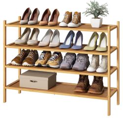 kiplant Long Shoe Rack, 4-Tier Bamboo Wood Shoe Rack, Stackable for Closet, Entryway & Hallway