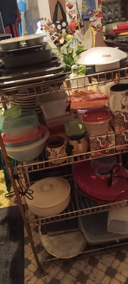 VINTAGE IRON/ METAL GOLD SHELF, WITH MERCHANDISE.