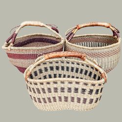 Vintage Bolga Market Basket Ghana African Alaffia Hand Woven Leather Handles Neutral Medium & Large Totes