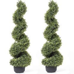 Set of 2 35 Inch Artificial Boxwood Topiary Tree Spiral Plants Fake Faux Plant Decor in Plastic Pot Green Indoor or Outdoor,