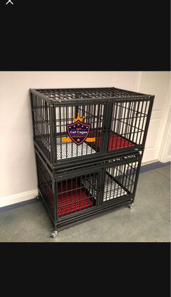Double stacked dog pet cage kennel size 43 with divider and trays bowls