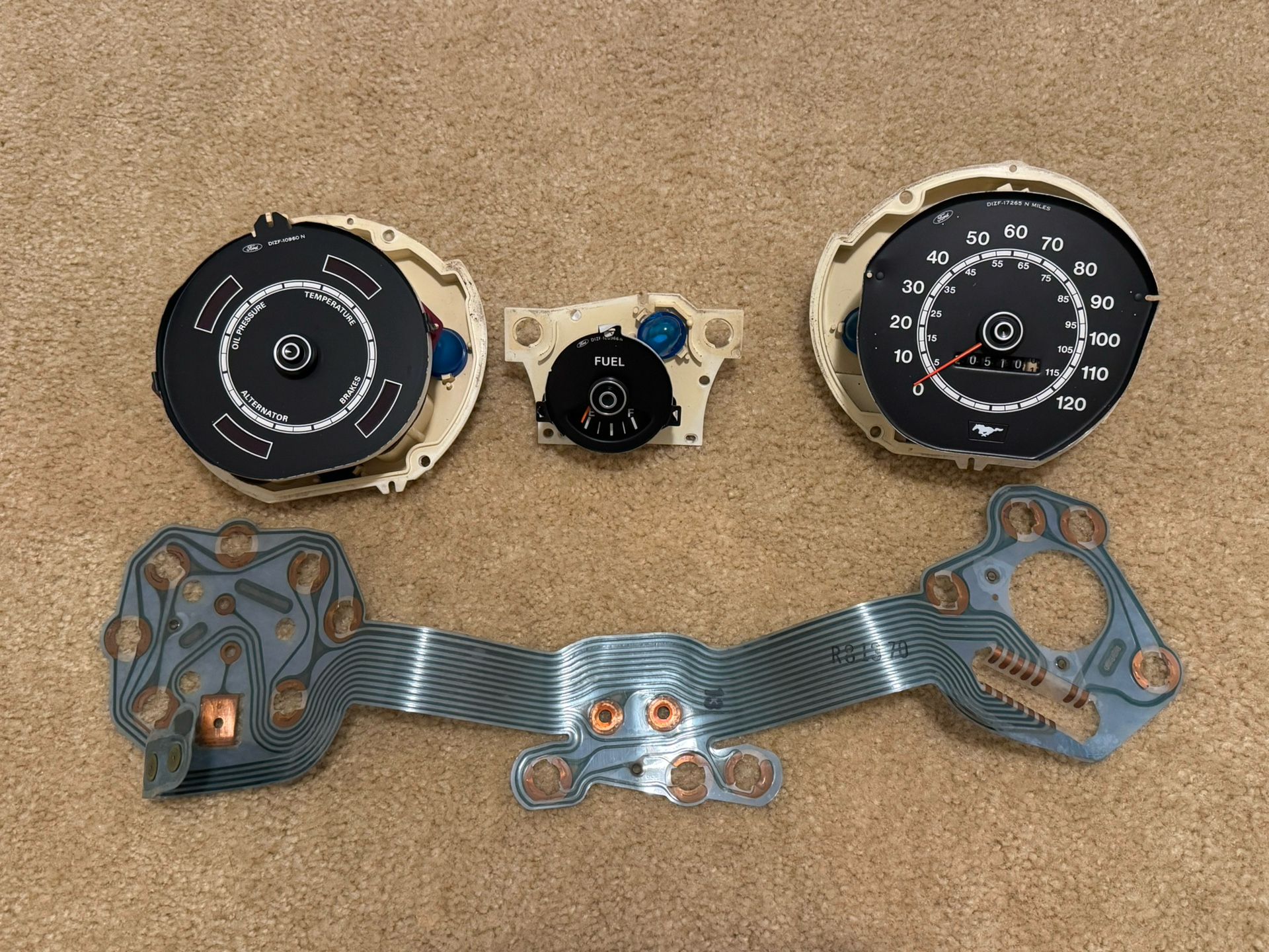 71-73 Ford Mustang Instrument Panel Cluster Gauges and Printed Circuit Board Original Ford Parts (NOT Reproduction)
