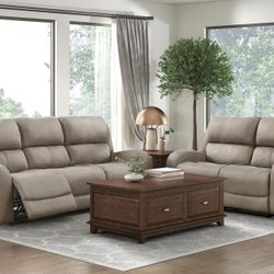 Brand New Brown Polished Microfiber Manual Reclining Sofa + Loveseat 2PCs Set