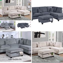 Sectional SofaChaise With Ottoman Storage USB Available I Ivory, Gray,Dark  Corduroy,Gray,Black 106"X76" 