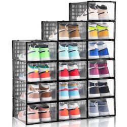 Clemate Shoe Organizer Storage Boxes For Closet 15 Packs, Clear Plastic Stackable Shoe Storage Bins With Lids, Under Bed Shoe Storage For Entryway, Dr