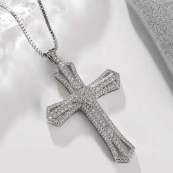 Exquisite Paved 14K White Gold Plated Cubic Zirconia Cross Pendant 