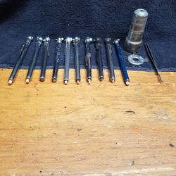 (10) TIRE AIR GAUGES, BATTERY TERMINAL BRUSH & SPARK PLUG GAP TOOL.