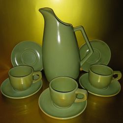 Tall ART POTTERY Pitcher, Saucers, TeaCups 