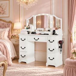 White Farmhouse Makeup Vanity with Lights.