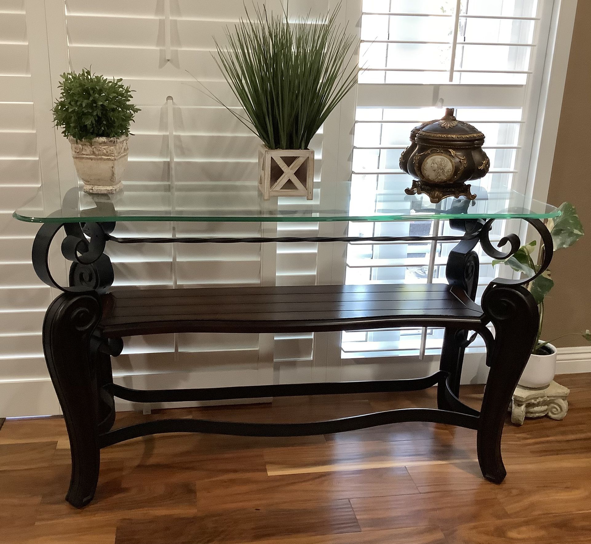 Glass Top Console Table – Iron Scroll Legs & Wood Shelf – 51.5”L x 17.5”W x 30.5”H