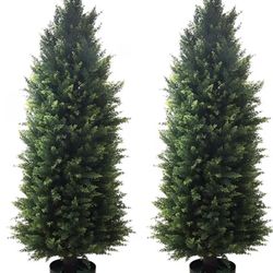 Artificial Topiary Tree 2-Set - Beautiful Realistic Faux Cedar Pines, 4 Feet Tall, UV Protection for Longer Life, Durable 6" Wide Heavy Duty Pots 