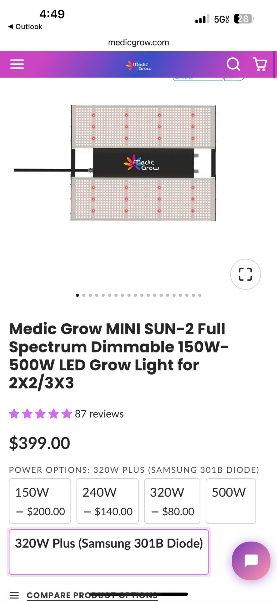 Medic Grow MINI SUN-2 Full Spectrum Dimmable 150W-500W LED Grow Light for 2X2/3X3
