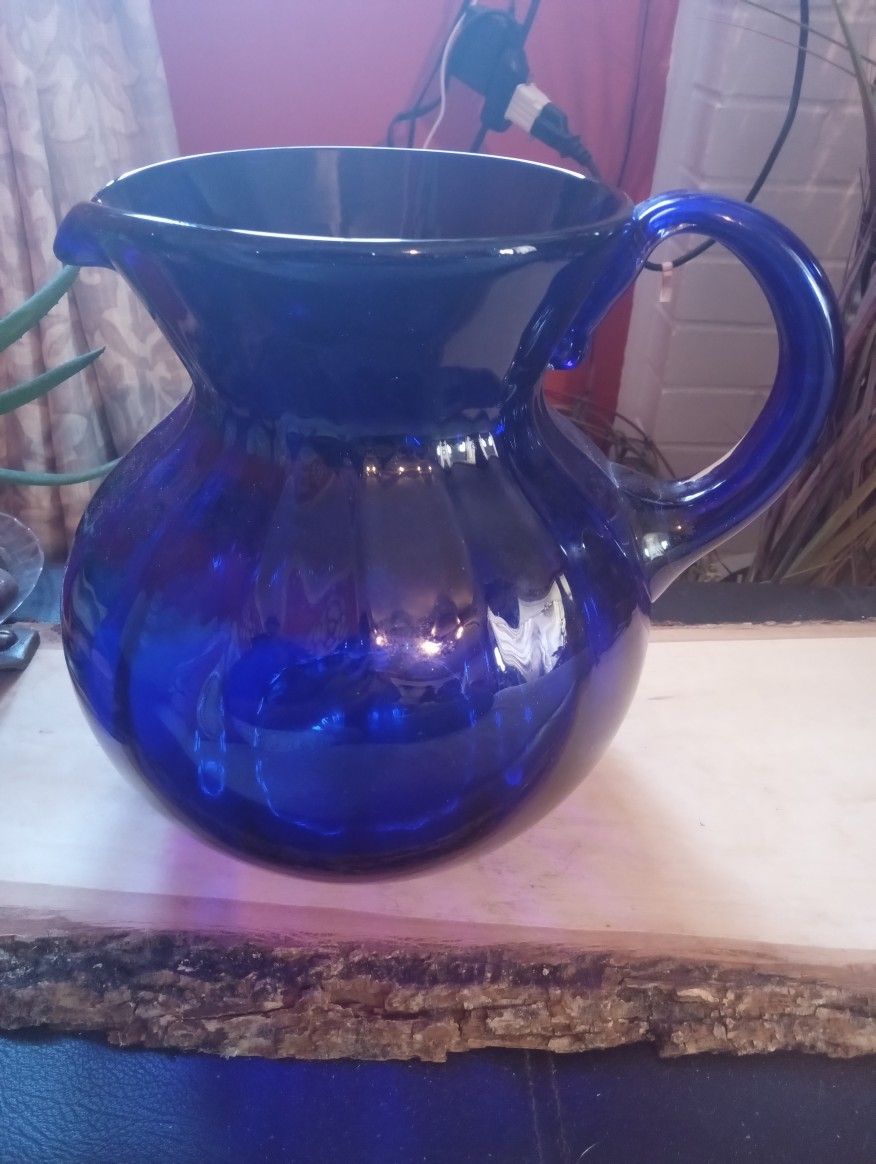 Vintage Large Cobalt Blue Glass Pitcher 