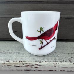 Vintage R. Carmen France Milk glass Birds Coffee Mug Cardinal , Red headed woodpecker and blue jay  patterns go around the mug