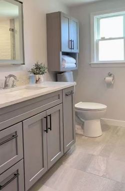 42-inch gray vanity cabinet with countertop