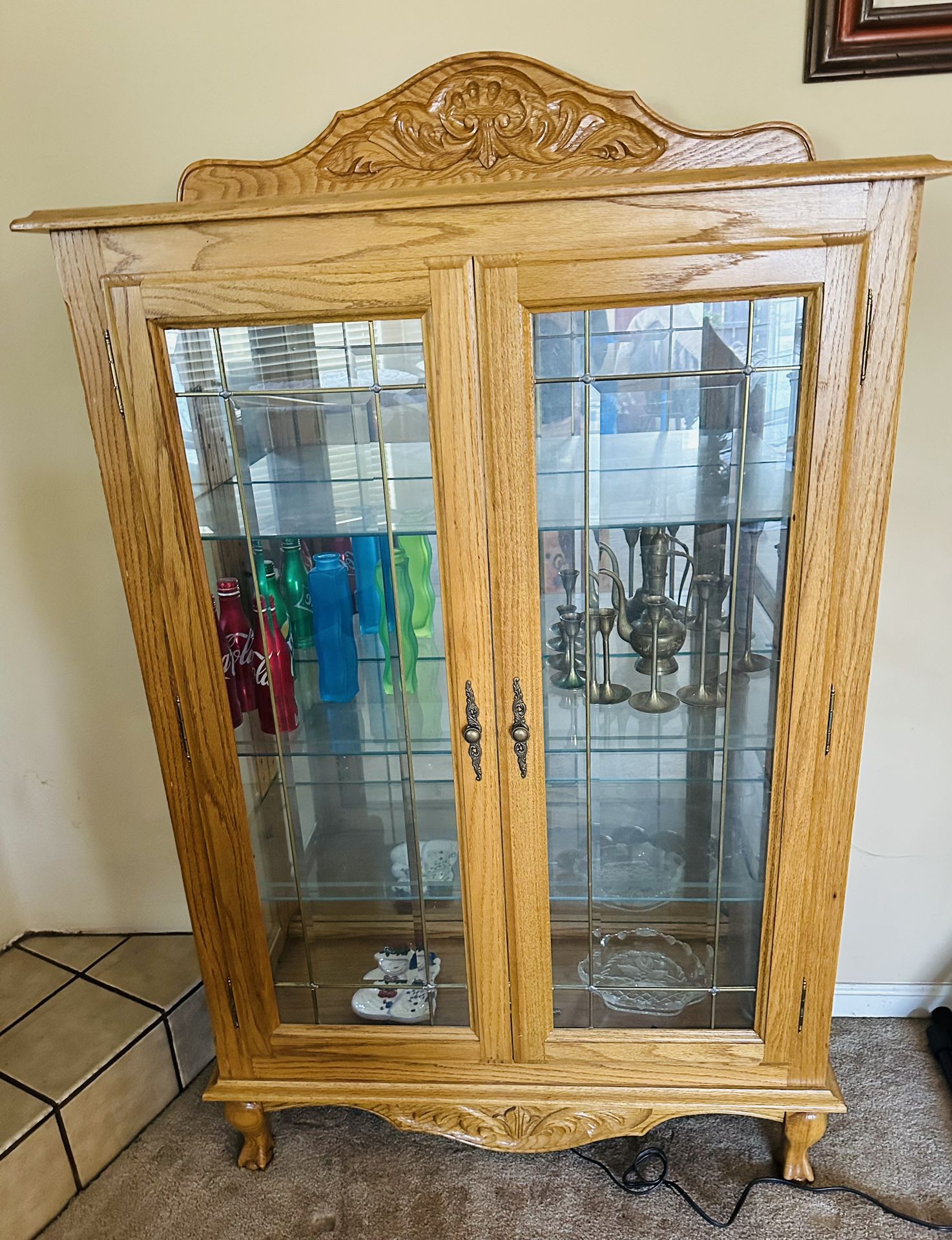 Lighted Oak Curio Cabinet with 3 Glass Shelves and Mirror Back
