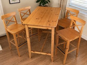 IKEA Solid Pine High Top Dining Table Set w/ 4 Chairs