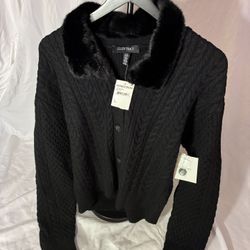 Ellen Tracy Cable-Knit Cardigan with Faux Fur Collar