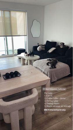 Couch, coffee table, dining chairs, ottoman, decor, pillows