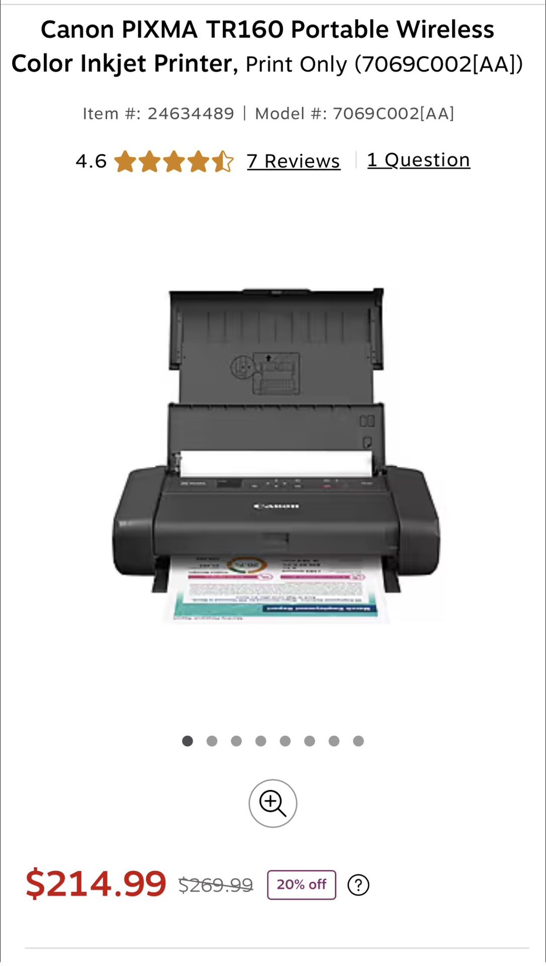 Canon PIXMA TR160 Portable Wireless Color Inkjet Printer
