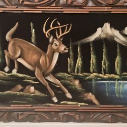 2 Vintage Velvet Paintings, Wooden Frame