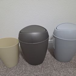 Three Small Trash Bins, 2.4 Gallons / 9 Liters, Two with Swing-Top Lids, One Open Top